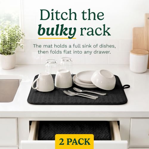 Cuisinart Dish Drying Mat for Kitchen Counter - 2-Pack XL 18x24 Ultra Absorbent Microfiber Dish Mat - Fast Drying, Machine Washable, Foldable Countertop Pad - Safe for Granite & Quartz - color: Geostripe Jet Black