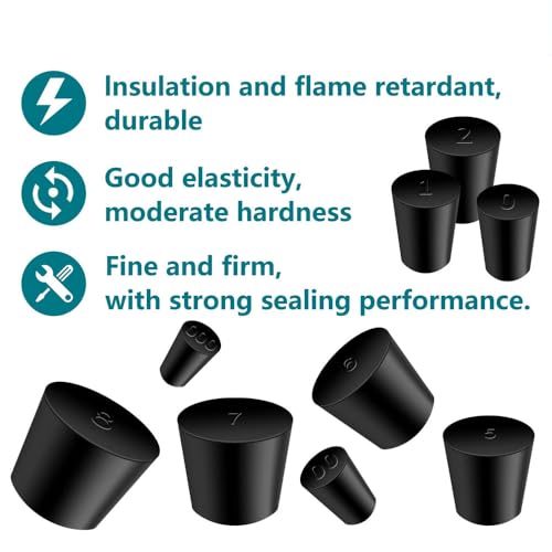 Laboratory Grade Rubber Stoppers, 30 Pieces Assorted Tapered Bungs Set, 11 Different Sizes from 000# to 8#, Solid Black Lab Supplies