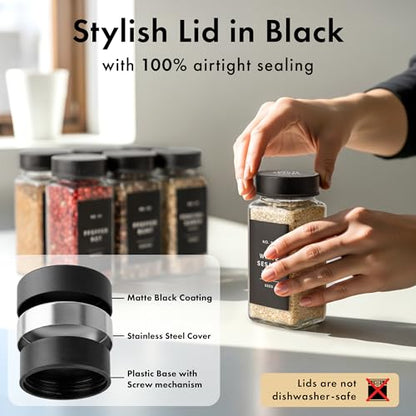 EDELHAUS Glass Spice Jars with Label, Seasoning Set, 24x Black Steel Lids | Airtight Lids keep spices fresh, Kitchen Spice Drawer Organizer, 4oz Seasoning Containers incl. Funnel, Brush & 240 Labels - color: Black Stainless Steel Lid