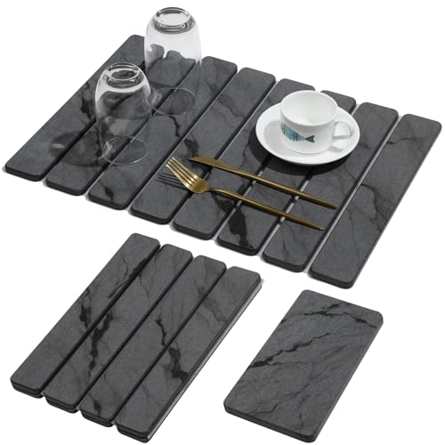 2 PCS Stone Dish Drying Mat for Kitchen Counter,Quick Dry Stone Dishes Mats,Marbled Water Absorbing Diatomaceous Earth Drying Pad for Countertop Bottles Utensils Cups（Dark Gray 20"×14" & 8"x4"） - color: Dark Gray, size: 20" x 14"