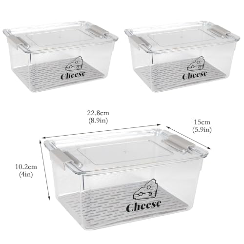 Cheese Holder Food Storage, Airtight Cheese Storage Box with Lid- Non Toxic, Lunch Meat Storage Sandwich Ham Cheeses Salami Sliced Turkey for Refrigerator to Keep Food Fresh,Clear-3Pack