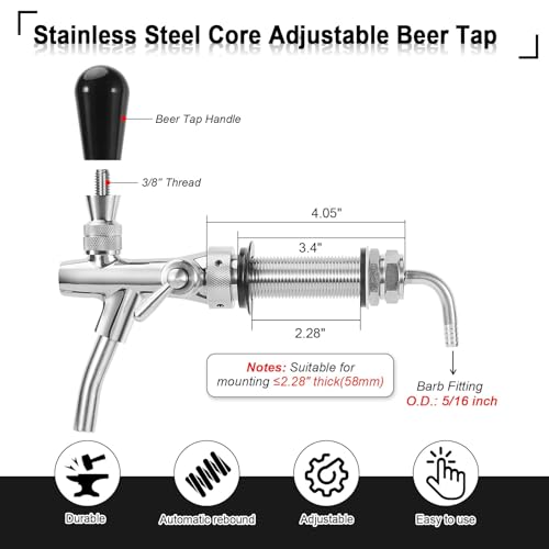 Upgraded Adjustable Beer Faucet, Stainless Steel Core Brass Body Keg Tap Faucet Draft Beer Tap Faucet with Flow Control Adjustable Beer Keg Tap O.D 5/16" Barb Keg Faucet for Home Brewing