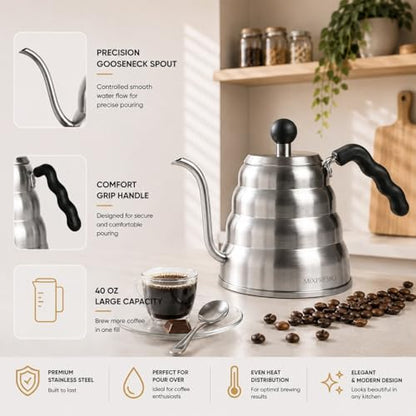 Mixpresso Gooseneck Pour Over Coffee Kettle, Barista Pour Control Design, Ideal for Coffee and Tea, High-Grade Stainless Steel 1.2 Liter 40 Oz, Induction Cooker Stovetop Kettle Stainless Steel - color: Stainless Steel