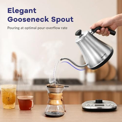 Mecity Electric Gooseneck Kettle With LCD Display Automatic Shut Off Retro Coffee Kettle Temperature Control Hot Water Boiler to Pour Over Tea, 1200 Watt Quick Heating Tea Pot, 0.8L, Stainless Steel - color: Stainless Steel