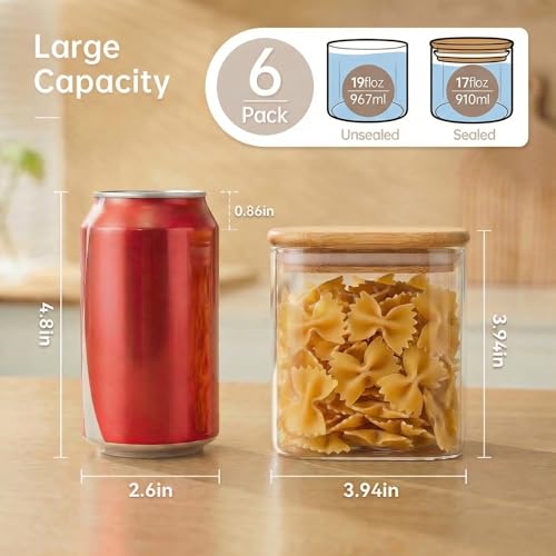 HomArtist Square Glass Jars with Bamboo Lids 27 FL OZ [Set of 6], Glass Canisters with Airtight Lids, Glass Food Storage Containers for Coffee, Sugar, Tea, Candies, Cookies,Best for Kitchen & Pantry - color: Square 27OZ Set-6Pack