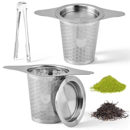 2Pcs Loose Leaf Tea Infuser with 1 Tong, Stainless Steel Loose Leaf Tea Stepper with Lid and Double Handles, Tea-Strainer for Cups, Teapot, Fine Mesh(COLOR:Silver)