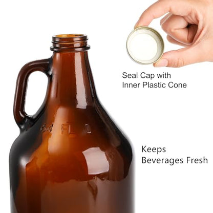 ZEAYEA 3 Pack 64 oz Glass Growler Jug, Amber Half Gallon Jug Set with Lids and Handle Great for Beer, Home Brewing, Kombucha, Distilled Water