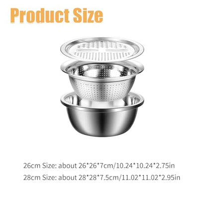 Germany Multifunctional Stainless Steel Basin, 3 in 1 Multifunctional Stainless Steel Basin Strainer Set, Kitchen Grater Set, Strainer and Drain Basket for Vegetables 11.02inch - color: 11.02inch
