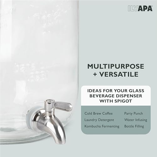 Ilyapa 2 Gallon Drink Dispenser - Wide Mouth Glass Drink Dispenser - 100% Leak Proof Stainless Steel Spigot with Glass Flip Top Lid, for Any Event - size: 2 Gallon