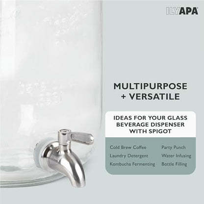 Ilyapa 2 Gallon Drink Dispenser - Wide Mouth Glass Drink Dispenser - 100% Leak Proof Stainless Steel Spigot with Glass Flip Top Lid, for Any Event - size: 2 Gallon