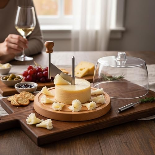 Cheese Curler Wheel with Lid - Stainless Steel Girolle Cheese Shaver Tool with Wood Base - Round Floral Slicer Maker for Tête de Moine, Hard Cheeses & Chocolate