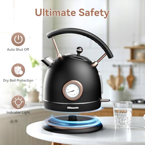 Rasonic Retro Electric Kettle Stainless Steel, 1.8L Tea Water Boiler, 1500W Fast Quiet Boil, Temperature Gauge, Auto Shut-Off, Boil-Dry Protection, Matt Black and Rose Gold - color: Black