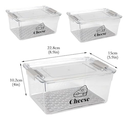 3 Pack Cheese Container Airtight with Draining Basket Cream Block Cheese Sliced Cheeses Box with Lid Saver for Fridge Deli Meat Storage Box,Cheeses Sliced,Grated,Cheddar Keeper - color: Clear - 3 Pack