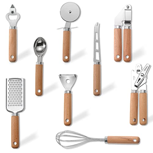 9pcs Kitchen Gadget Set with Wooden Handle, Stainless Steel Cooking Tools Kitchen Accessories Pizza Cutter, Egg Whisk, Vegetable Peeler, Can Opener, Garlic Press - color: Gadget Set