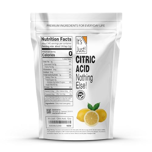 It's Just - Citric Acid, Food Grade Flavor Enhancer Powder, Non-GMO, Great for Cooking, Cleaning, Bath Bombs, Natural Preservative (12 Ounces) - size: 12 Ounce (Pack of 1)