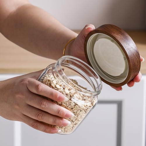 Glass Jars with Wood Lid 15 Oz 4 Pack, 3.44 MM Thick Glass Containers Mason Jars for Kitchen Storage with Screw Top