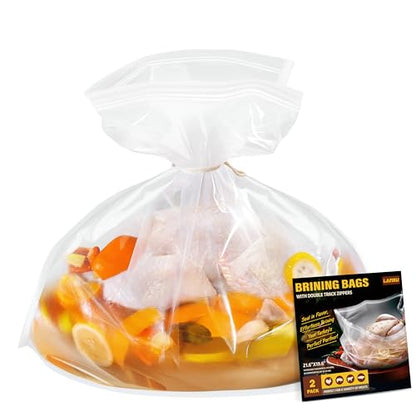 Turkey Brining Bags Kit of 2 Extra Large, 21.6"×19.6", Brine Bag with Double-Zippered for Secure Seal, Heavy Duty with Gusseted Bottom, Holds up to 30lbs, Secret to Juicy Turkeys