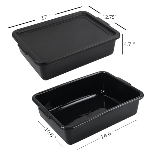 Pack of 3 Food Service Bus/Utility Tote Box with Lid, Plastic Restaurant Dish Tub, 13 L, Black