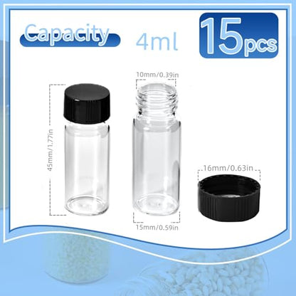 15 PCS 4ml Clear Glass vial,1 Dram Liquid Sample Vial With Screw cap,15x45mm Leak-Proof, 13-425 Black Screw Cap with PE Liners - size: 4ML（15x45mm)