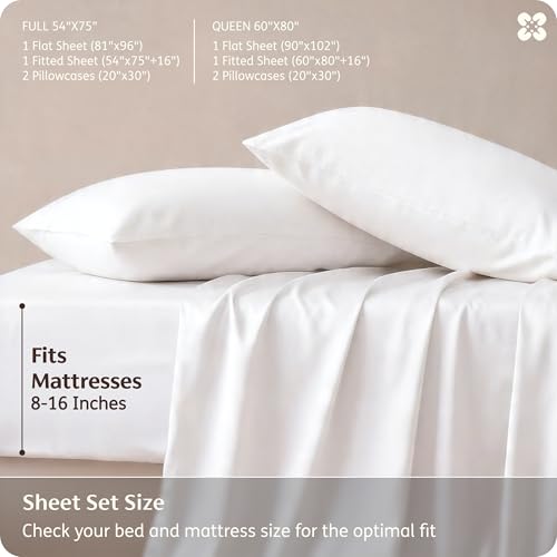 Bedsure PureWoven 100% Rayon Derived from Bamboo, Full Size Sheets, 4 PCS | Cooling Sheets for Hot Sleepers, Breathable & Silky Soft, 16" Deep Pocket, Hotel Luxury Bedding, White - color: 02 - White, size: Full