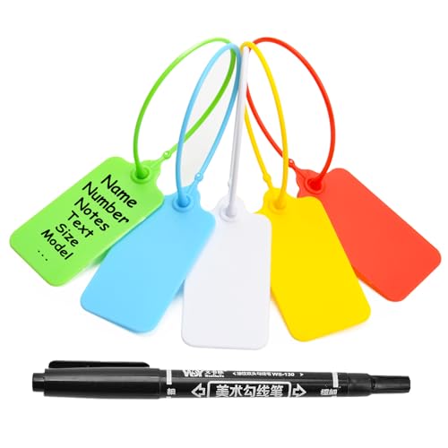 100 Blank Plastic Tags for Labeling Waterproof Hanging Labels Writable Tags Seal Plastic Marking Label for Clothes Bags Keys Inventory with One Marker Pen (Mixed 5 Color) - color: Mixed 5 Color, size: 100 PCS