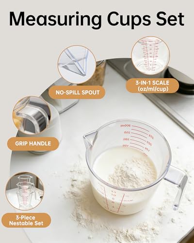 Measuring Cups, Plastic Measuring Cups Set of 3-1000ml, 600ml, 300ml with Spout & Easy-Pour Design, Leak-Proof, Cooking, Baking, Liquid & Dry Ingredients, (ML/OZ/CUP)