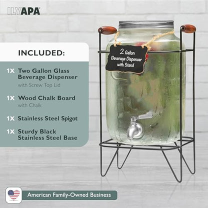 Ilyapa 2 Gallon Glass Beverage Dispenser, Metal Base, Stainless Steel Spigot & Hanging Chalkboard - for Lemonade, Tea, Cold Water & More - size: 2 Gallon with Black Stand