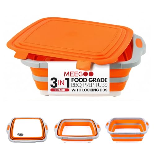 BBQ Prep Tub 3-IN-1 Large 8L Collapsible Cutting Board with Locking Lid for Meal Prep Marinating Food, Camping Sink with Colander, Dish Basin, Storage Blanket for Camping Picnic BBQ, Orange - color: Orange 8L