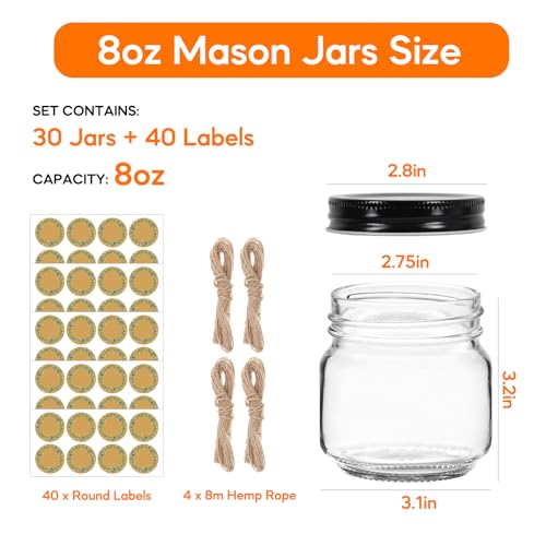 30 Pack Mason Jars 8 oz with Black Lids, Half Pint Canning Jars with 40 Free Labels, Regular Mouth Glass Jars for Canning, Preserving, Candle, DIY & Meal Prep - color: Black-8oz-30