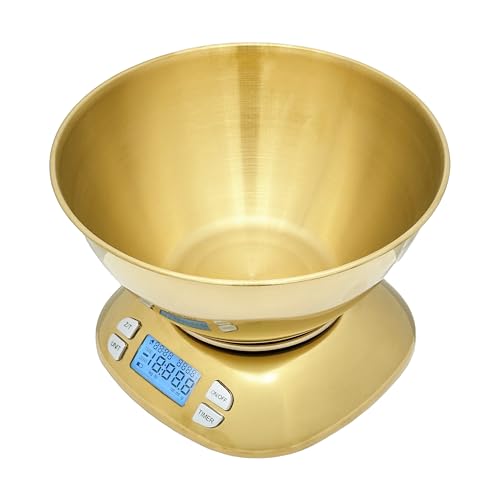 Stainless Steel Digital Kitchen Scale w. Bowl - for Food Coffee Lab - LCD Display gram Ounces lb:oz lb ml - 12 LBS/5.5 KG Capacity - Battery Included - Gold by The Display Guys - color: Stainless Steel - Gold