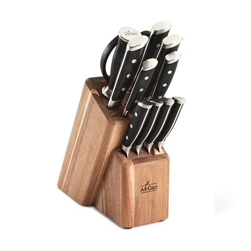 All-Clad Forged German Stainless Steel Knife Set and Acacia Wood Block 12 Piece, Fully Forged, Expert Precision, Knife Set, Cookware Knife Block Set, Kitchen Knives, Ultra Sharp, Kitchen Utensils - color: Silver/Black, size: 12-Piece Block Set