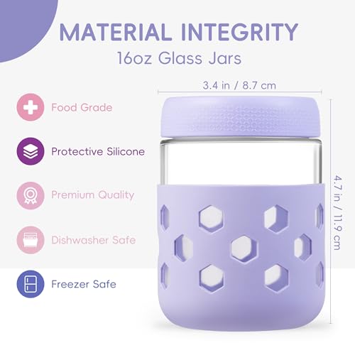 Gemice 6-Pack 16 oz Overnight Oats Containers with Lids and Silicone Sleeves, Glass Mason Jars with Airtight Lid, Dishwasher Safe, Wide Mouth Chia Seed Pudding Meal Prep Jar for Yogurt Berries Snack - color: Pastel Cream, size: 16oz, 6-Pack