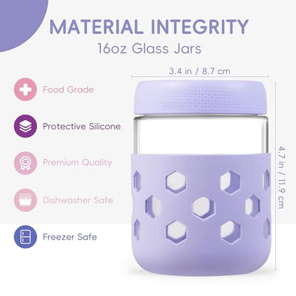 Gemice 6-Pack 16 oz Overnight Oats Containers with Lids and Silicone Sleeves, Glass Mason Jars with Airtight Lid, Dishwasher Safe, Wide Mouth Chia Seed Pudding Meal Prep Jar for Yogurt Berries Snack - color: Pastel Cream, size: 16oz, 6-Pack