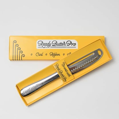 Ready Butter Pro 3-in-1 18/10 Stainless Steel Butter Knife & Cheese Slicer | Balanced 6" handle, beveled edge slices cheese, serrated edge, grate and curl, extra-sharp micro graters, spreads cold butter - style: Ready Butter Pro