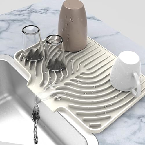 Kitchen Counter Dish Drying Mat, 14.6"x11" Dish Drying Rack(cream) | Various Sizes & Colors,Steep-Slope Built in Drain,High-fin Ventilation,Food-grade Silicone,500F heat resistant,for Flat sinks - color: Cream, style: 14.6×11inch
