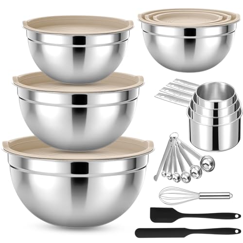 18 Pack Stainless Steel Mixing Bowls with Lids Set Includes Stainless Steel Measuring Cups and Spoons Wire Balloon Whisk Silicone Spatulas Suitable for Kitchen Cooking Baking(Khaki) - color: Khaki