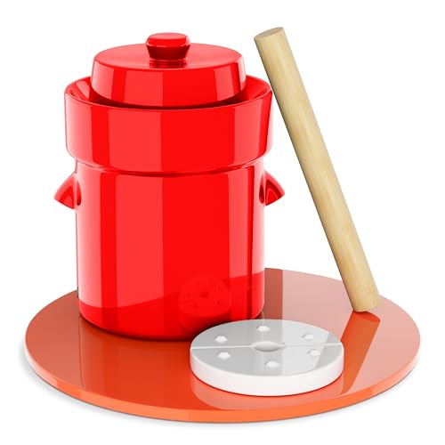 Humble House Fermentation Crock 1/2 Gallon Sauerkrock Sauerkraut Crock with Lid Weights & Pounder - Red Ceramic Fermenting Crock Kit for Pickling Cabbage Kimchi Vegetables 2 Liter Fermentation Jar - color: Heirloom Red
