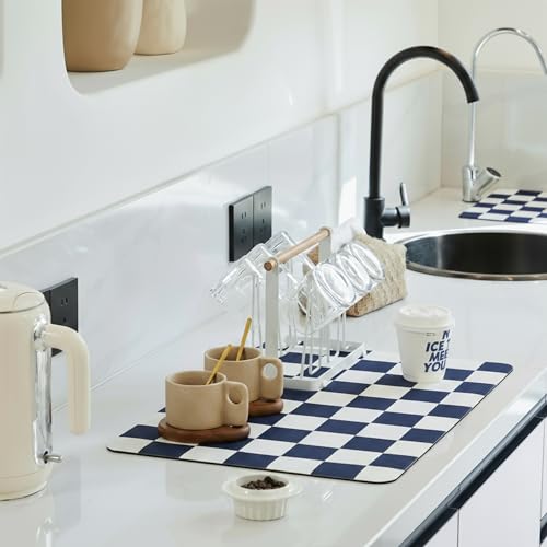 Ohocut Checkered Dish Drying Mat for Kitchen Counter, Coffee Bar Station Accessories, Retro Cute Aesthetic Modern Absorbent Drainer Mat Kitchen Drying Mat Easy Clean (Navy Blue, 19" x 12") - color: Navy, size: 19" x 12"