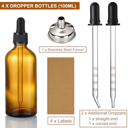 4 Pack, 100ml Dropper Bottles with 2pcs Glass Pipettes(1ml) - Essential Oils Bottles for Health, Personal Care & Beauty - 3.4oz Thick Dark Amber Glass Tincture Bottle with Eye Droppers, Leakproof - style: Plus 2 Graduated Pipettes