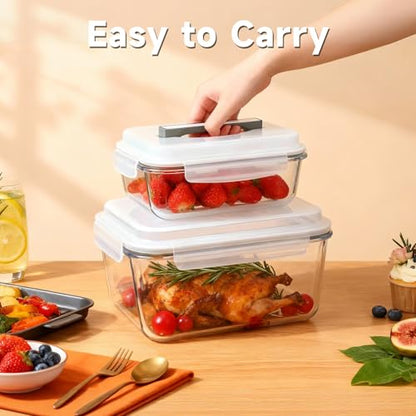KOMUEE 2 Pack 220oz+76.4oz Extra Large Glass Food Storage Containers Set with Airtight Lids, Big Glass Meal Prep Containers, Ideal for Storing Rotisserie Chicken, Lasagna,Salads, Leak-proof & BPA-Free