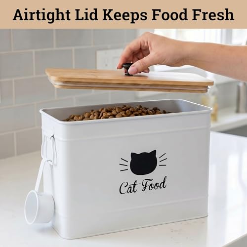 Cat Food Storage Container with Scoop - 15 lb (50 Cup) Capacity Metal Cat Food Container with Airtight Bamboo Lid & Metal Scoop - Airtight Pet Food Storage Containers - 15 lb Treats & Kibble Container - color: White