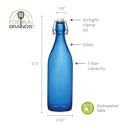 Fox Run Blue Flip Top Glass Bottle, 1 Liter Air Tight Bottle with Flip Top Lid, 12.5" x 3.4"