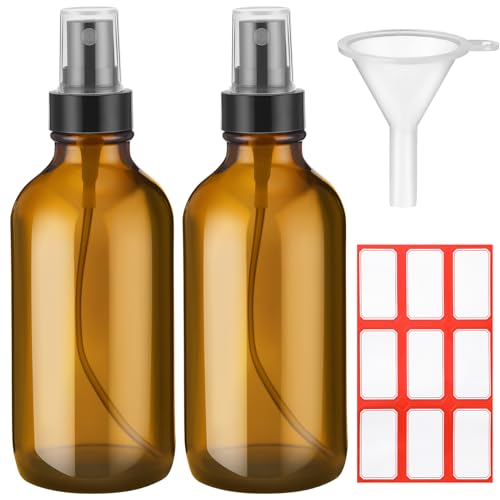 Fumete 2 Pack Glass Bottles 4oz Empty Refillable Liquid Containers with 1 Label 1 Funnel for Essential Oils Hair Travel Plants Cleaning Skin Care(Amber, Black Top,Mist Bottle) - color: Amber, Black Top, style: Mist Bottle