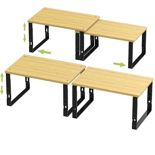 Adjustable Storage Shelves for Kitchen Cabinet Organization - Set of 2 Stackable Metal & Solid Wood Racks, Space-Saving Design for Countertop/Pantry/Garage, Easy Assembly(2 Packs/Medium/Black) - color: 2 Packs/Black, size: Medium:11.81"Wx7.48Dx5.5"~8.1"H