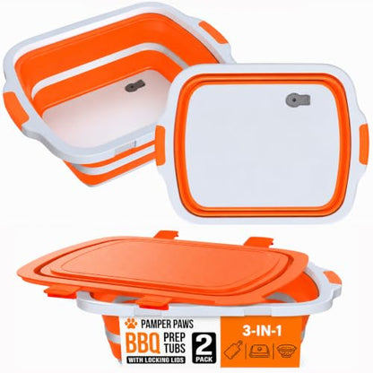 2-Pack XL 16L BBQ Prep Tub - 3-in-1 Collapsible Food Prep Tub with Cutting Board, Lid & Strainer, Marinate, Prep & Drain, Foldable Container for Outdoor Cooking, Camping, BBQ & Kitchen Use
