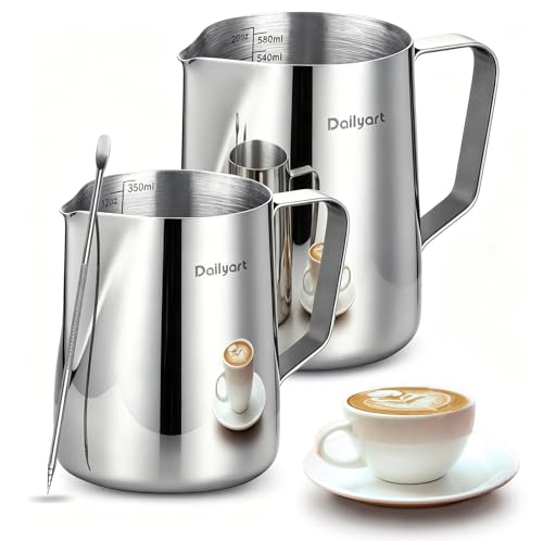 Milk Frothing Pitcher Set, Dailyart 12oz/350ml and 20oz/600ml Milk Frother Cup 304 Stainless Steel, Dripless Spout&Internal Scale - Barista Milk Steamer Cup Latte Art Tools for Home, Coffee Shops - size: 12 Ounces + 20.3 Ounces