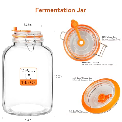 135 Oz Glass Fermentation Jars Kit - 2 Pack Kimchi Wide Mouth Fermenting Container with Airlocks, Sauerkraut Fermenter Making Set for Pickling Canning Sauce, Includes Recipes - size: 2 Pack 135 Oz
