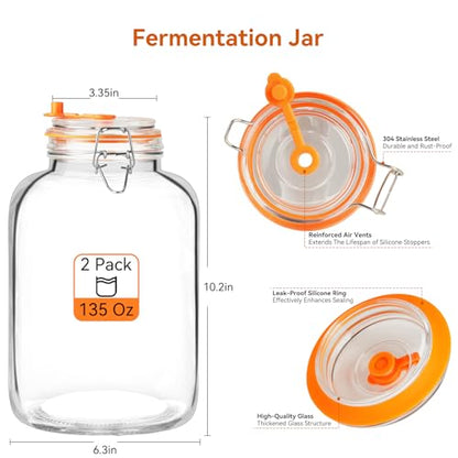 135 Oz Glass Fermentation Jars Kit - 2 Pack Kimchi Wide Mouth Fermenting Container with Airlocks, Sauerkraut Fermenter Making Set for Pickling Canning Sauce, Includes Recipes - size: 2 Pack 135 Oz