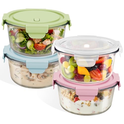 Freshmage 25oz Glass Meal Prep Containers, Round Food Storage Container with Lid Airtight, BPA-Free, Borosilicate Glass Soup Container for Leftovers, Microwave Oven Dishwasher&Freezer Safe (4 Pack) - color: Multicolor+Clear, size: 25oz