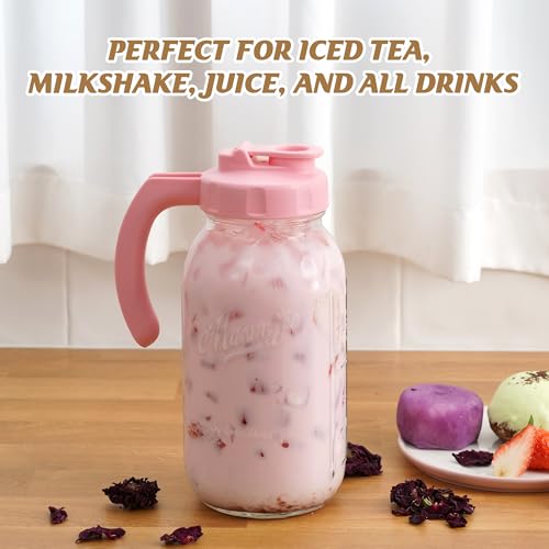 Soligt Glass Mason Jar Pitcher with Lid, Wide Mouth Flip Cap Pour Spout Leak-proof Lid with Handle, 64 oz (2 Quart / 1.9 Liter), for Iced Coffee/Sun Tea Juice/Cold Brew Coffee/Milk (1Pack, Taffy Pink) - color: Taffy Pink